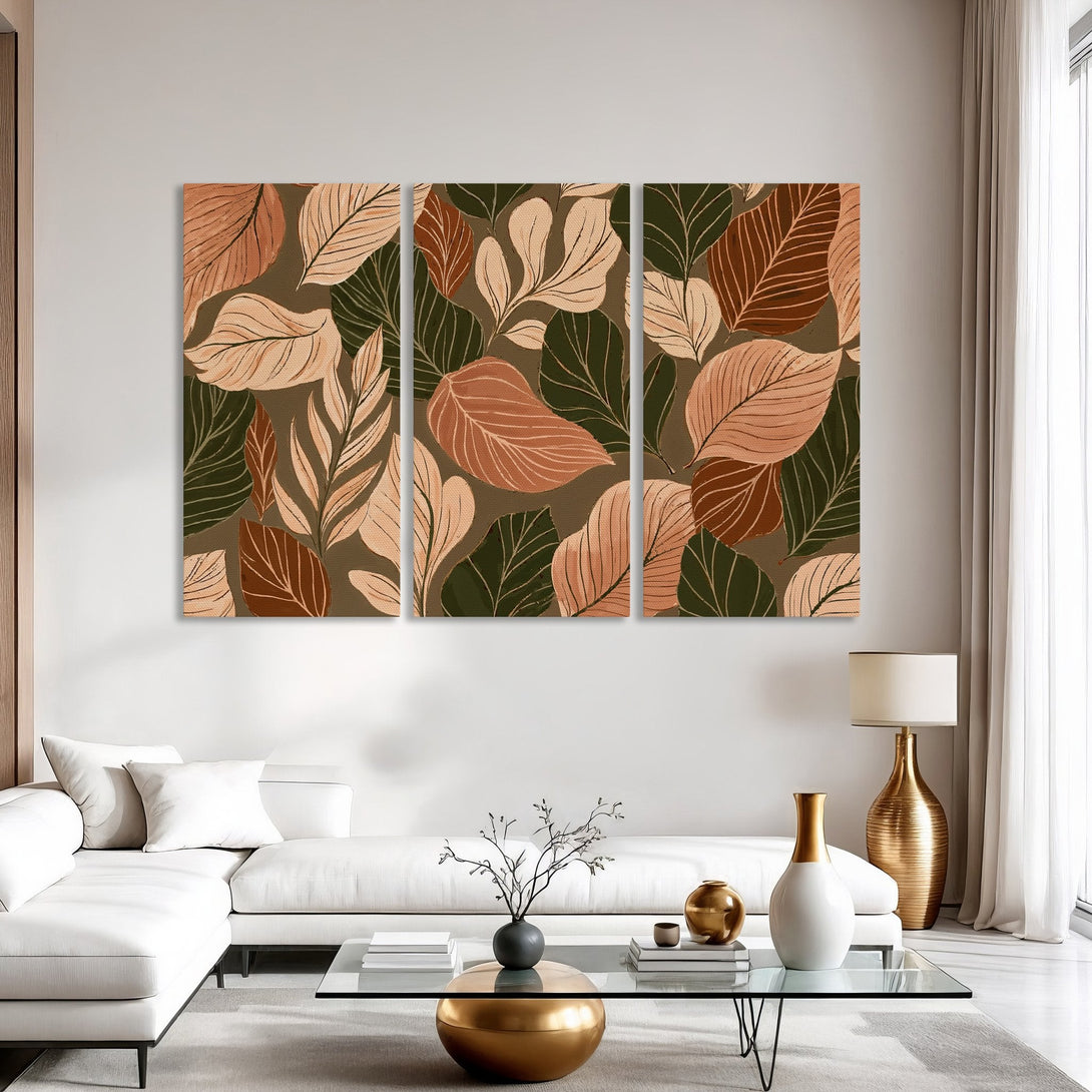 Canvas Print of abstract leaves art in warm earth tones. Modern botanical wall decor for a stylish living room.