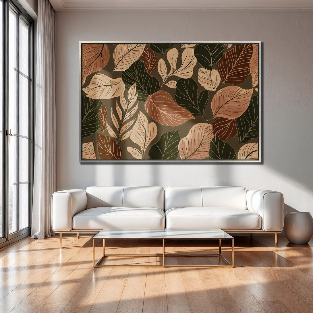 Framed Wall Art: Abstract leaf design in warm earth tones. Modern decor with a neutral color palette, perfect for living room or bedroom.
