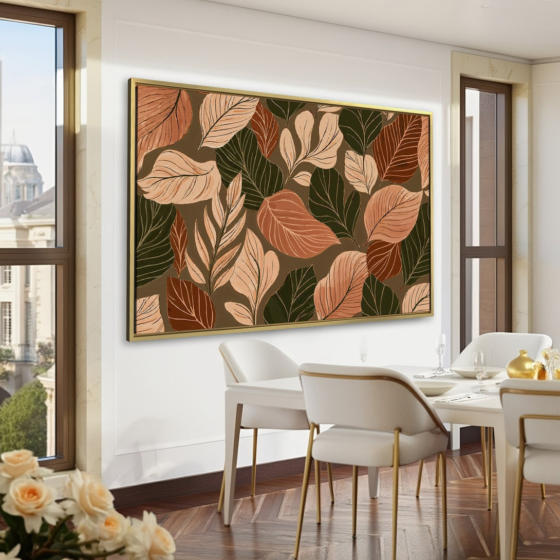 Canvas Print featuring botanical leaf design in neutral tones. Adds a touch of nature-inspired elegance to any space. Earthy color palette perfect for home decor.