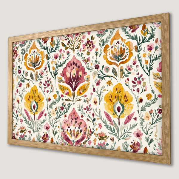 Framed Poster featuring a watercolor floral pattern in warm yellow, pink, and green hues. Perfect wall art for your home!