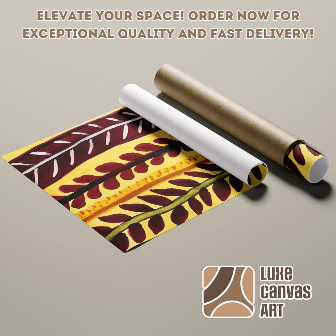 Abstract art poster roll with yellow, brown, and burgundy color palette. Elevate your space with Luxe Canvas Art! Order now!