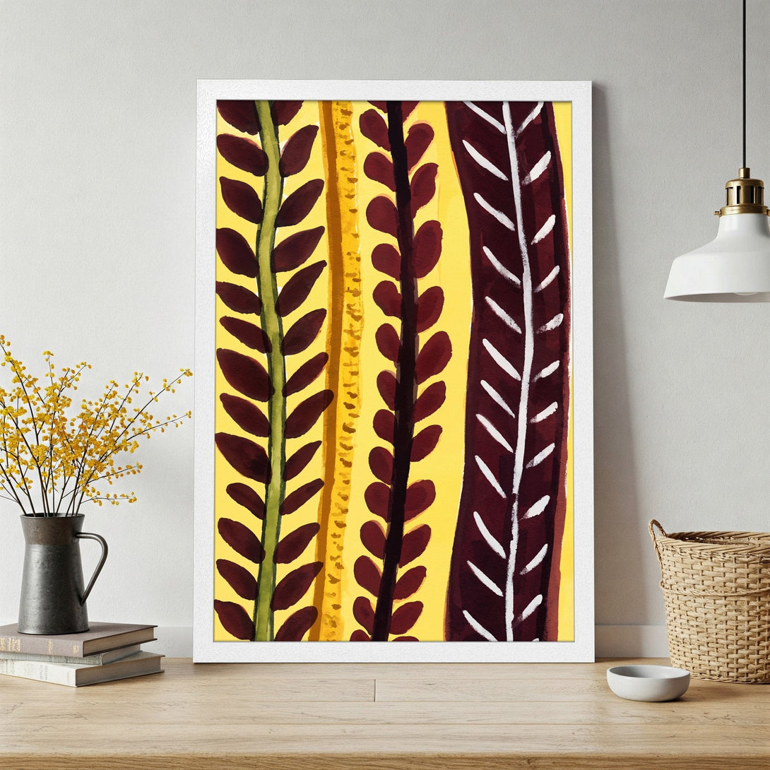 Framed Poster featuring abstract botanical art in a vibrant yellow, burgundy, and green color palette. Perfect for adding a pop of color to your space!