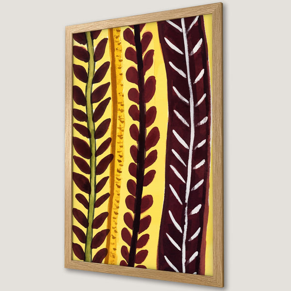 Framed Poster featuring abstract botanical art in a warm yellow, burgundy, and green color palette. Perfect wall decor!