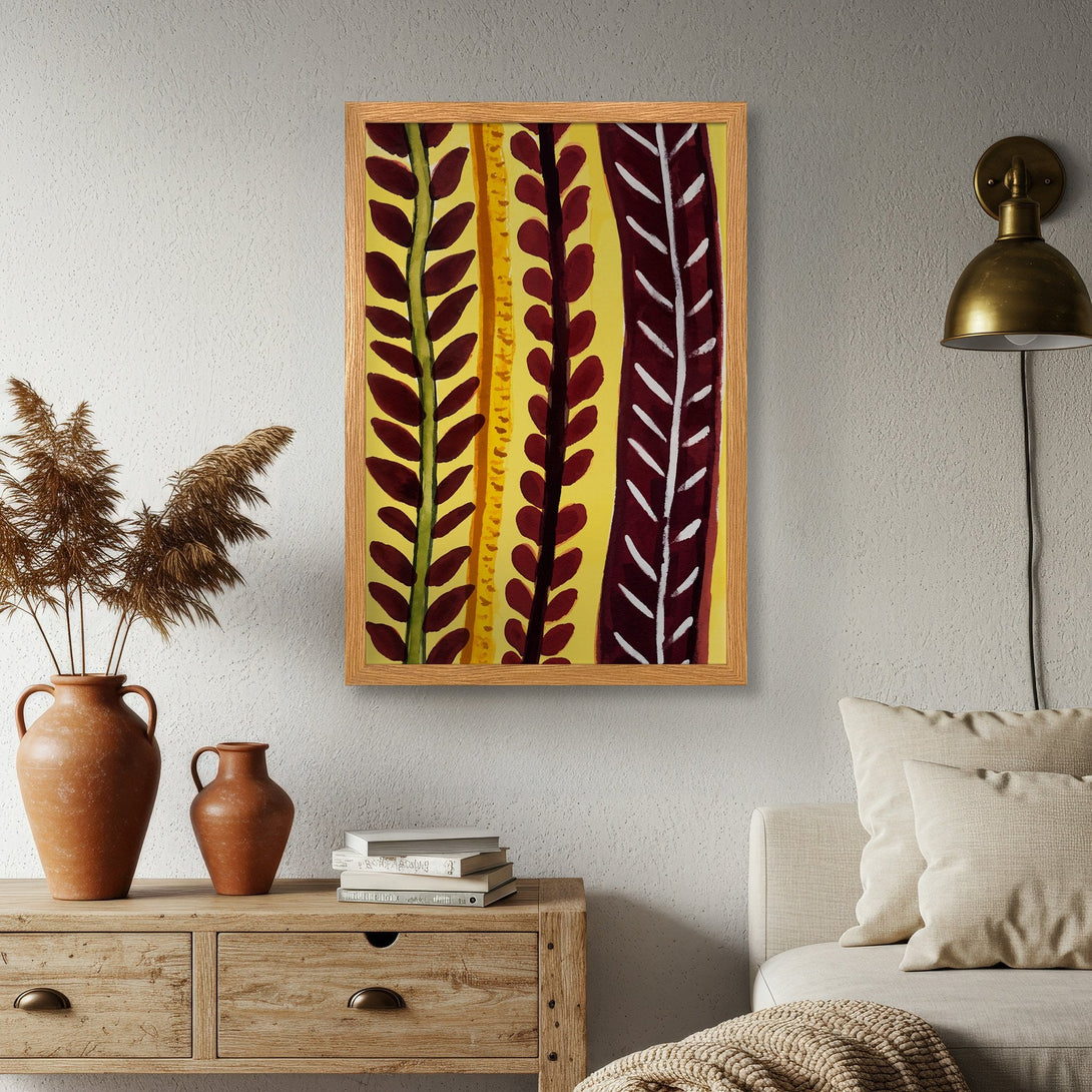 Framed Poster with abstract botanical art in warm yellow, red & green tones. Perfect for modern home decor.
