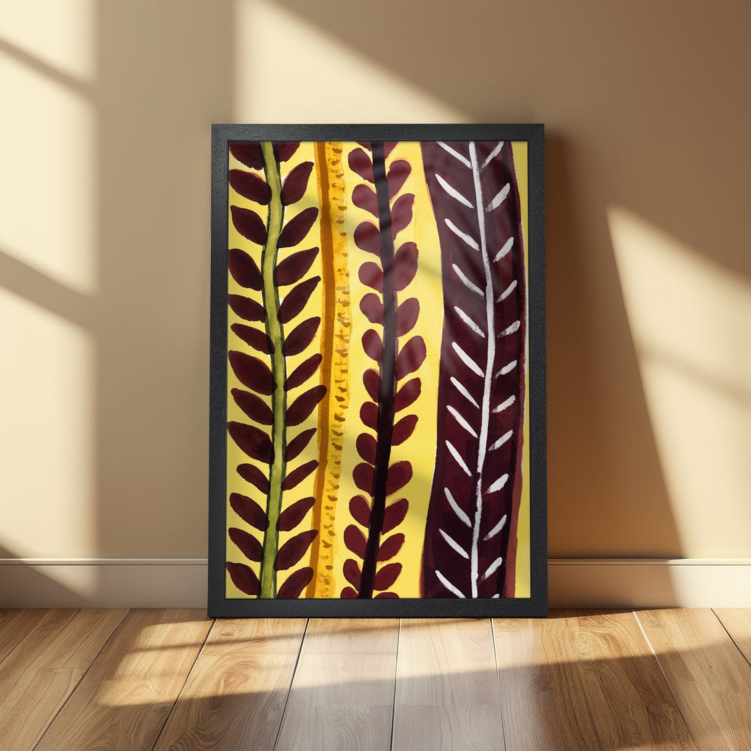Framed Poster featuring abstract botanical art in a warm yellow, burgundy, and white color palette. Perfect for adding a touch of art to your home!