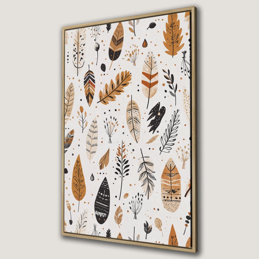 Framed Wall Art featuring a boho feather pattern in warm earth tones. Perfect for adding a touch of nature-inspired style to your home.