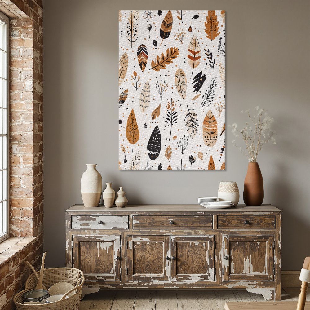 Framed Wall Art: Boho feather print in warm orange and brown tones, perfect for adding a touch of nature to your dining room decor.