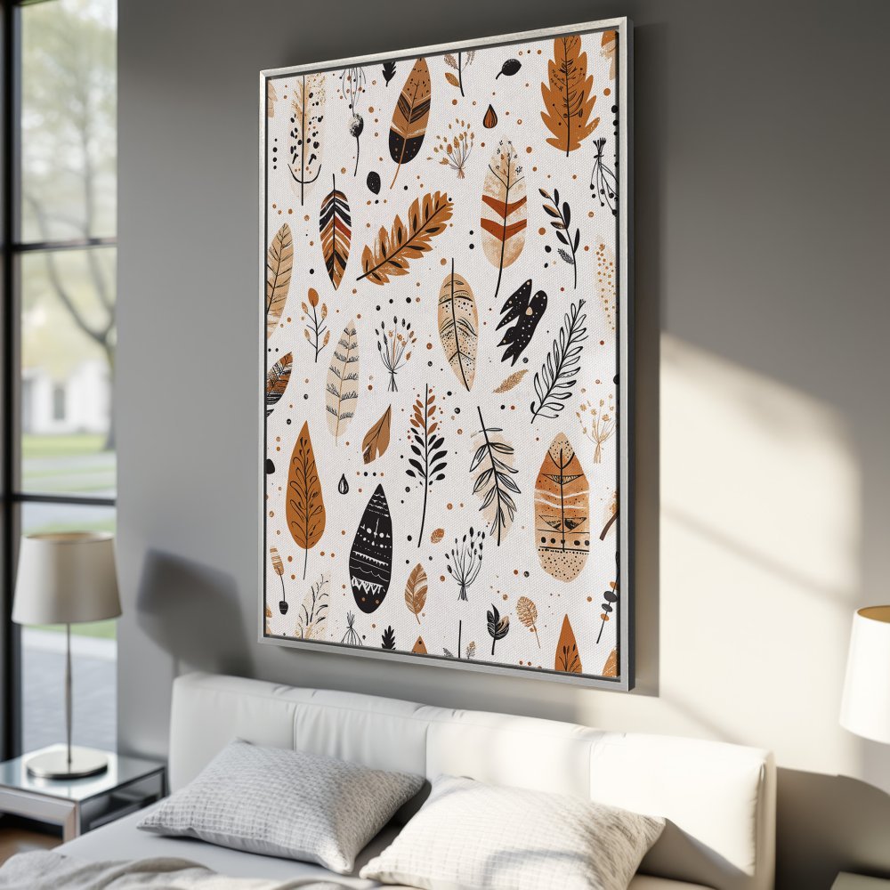 Framed Wall Art: Boho feather pattern in warm earth tones. Add a touch of nature-inspired style to your space with this Canvas Print!