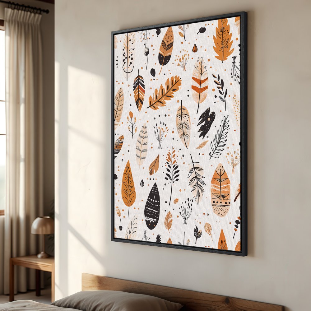 Framed Wall Art: Bohemian feather pattern in warm orange and black hues. Perfect for adding a touch of nature-inspired style to your home.