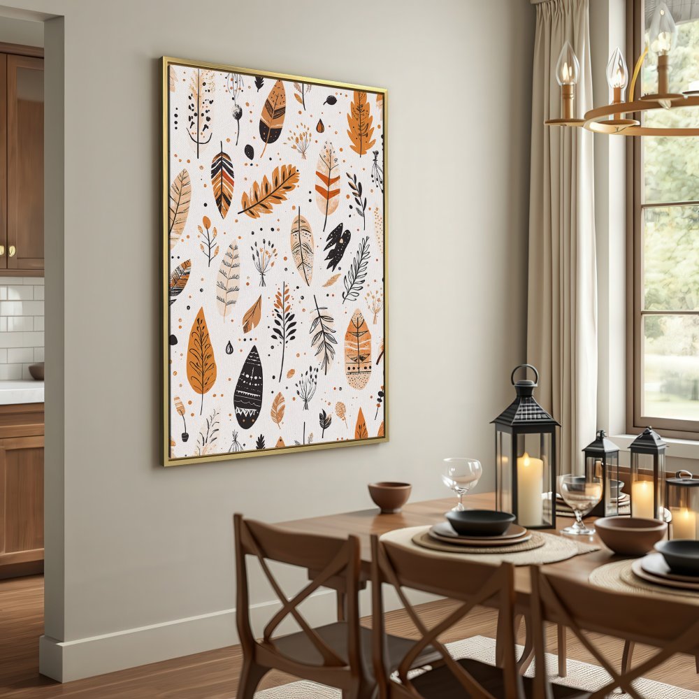 Canvas Print featuring a boho feather pattern in warm earth tones. Perfect wall art for a cozy, stylish interior.