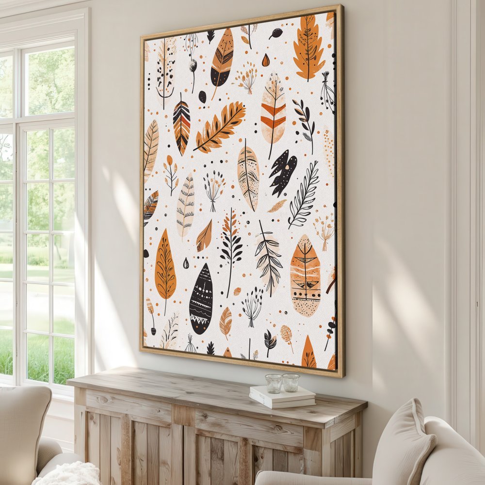 Canvas Print featuring a boho feather pattern in warm orange, black, and beige tones. Perfect wall art for a cozy interior.