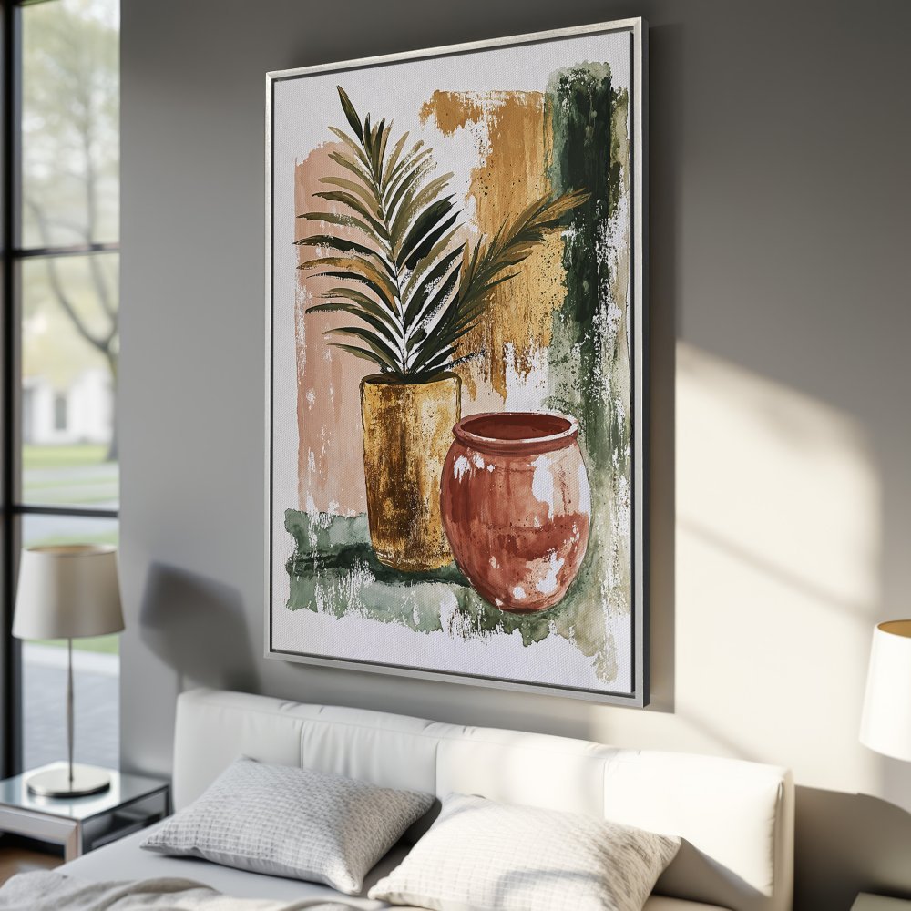 Framed Wall Art: Abstract watercolor painting of plants in warm earth tones. Perfect for bedroom decor!
