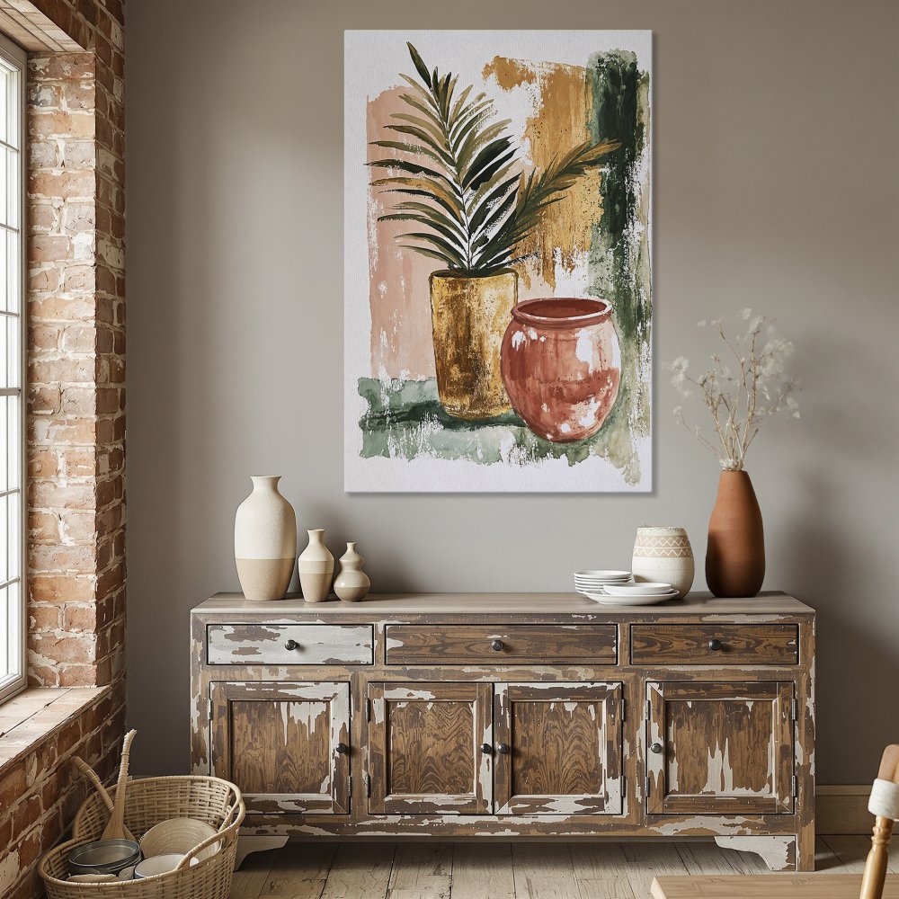 Framed Wall Art: Abstract botanical print in warm earth tones. Enhance your dining room with this stylish canvas print.