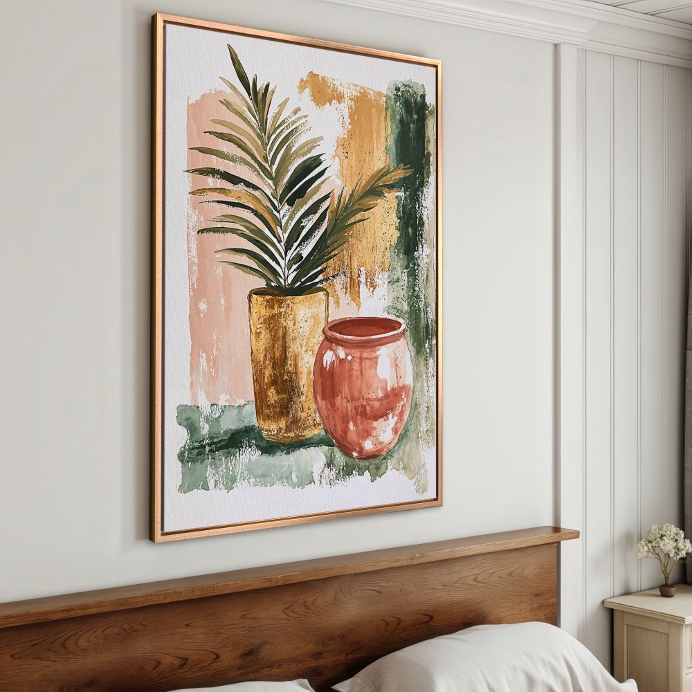 Framed Wall Art: Abstract watercolor painting of plants in vases. Earthy tones of green, gold, and terracotta. Perfect for modern home decor.