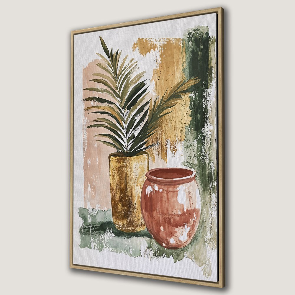 Framed Wall Art: Abstract watercolor painting of plants in terracotta pots. Earthy tones and modern style for your home decor.