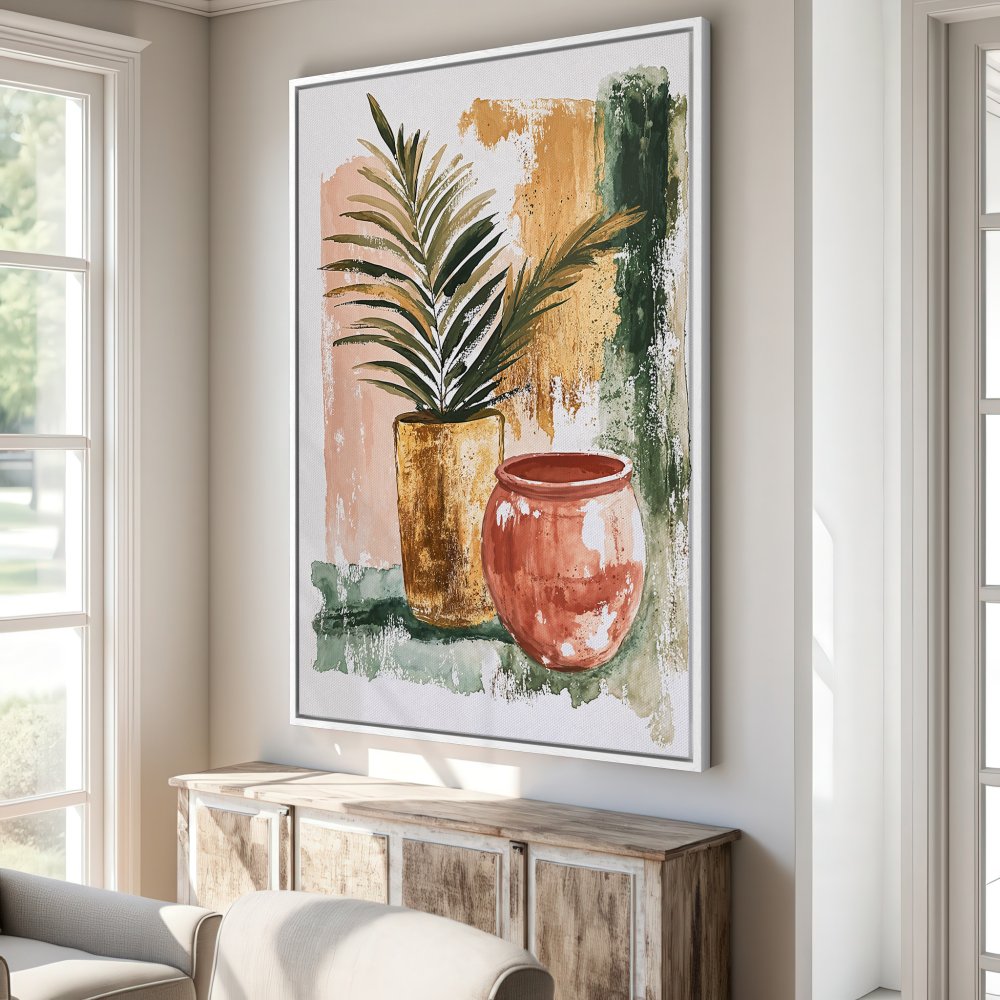 Canvas Print featuring watercolor botanical art with terracotta pots, warm earth tones, and green accents. Modern wall decor.