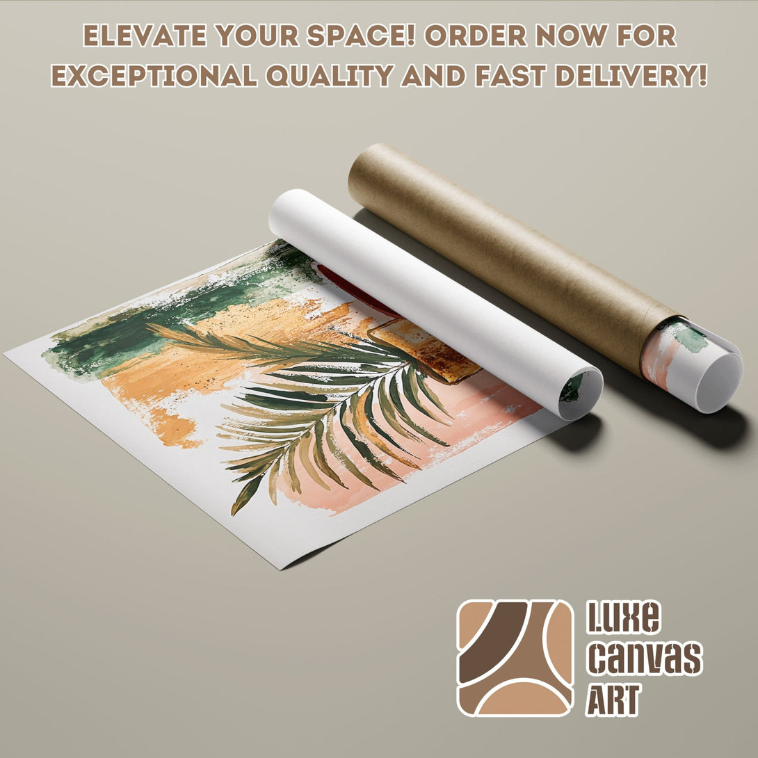 Abstract art Poster Roll featuring a tropical leaf design in green, orange, and peach tones. Elevate your space!