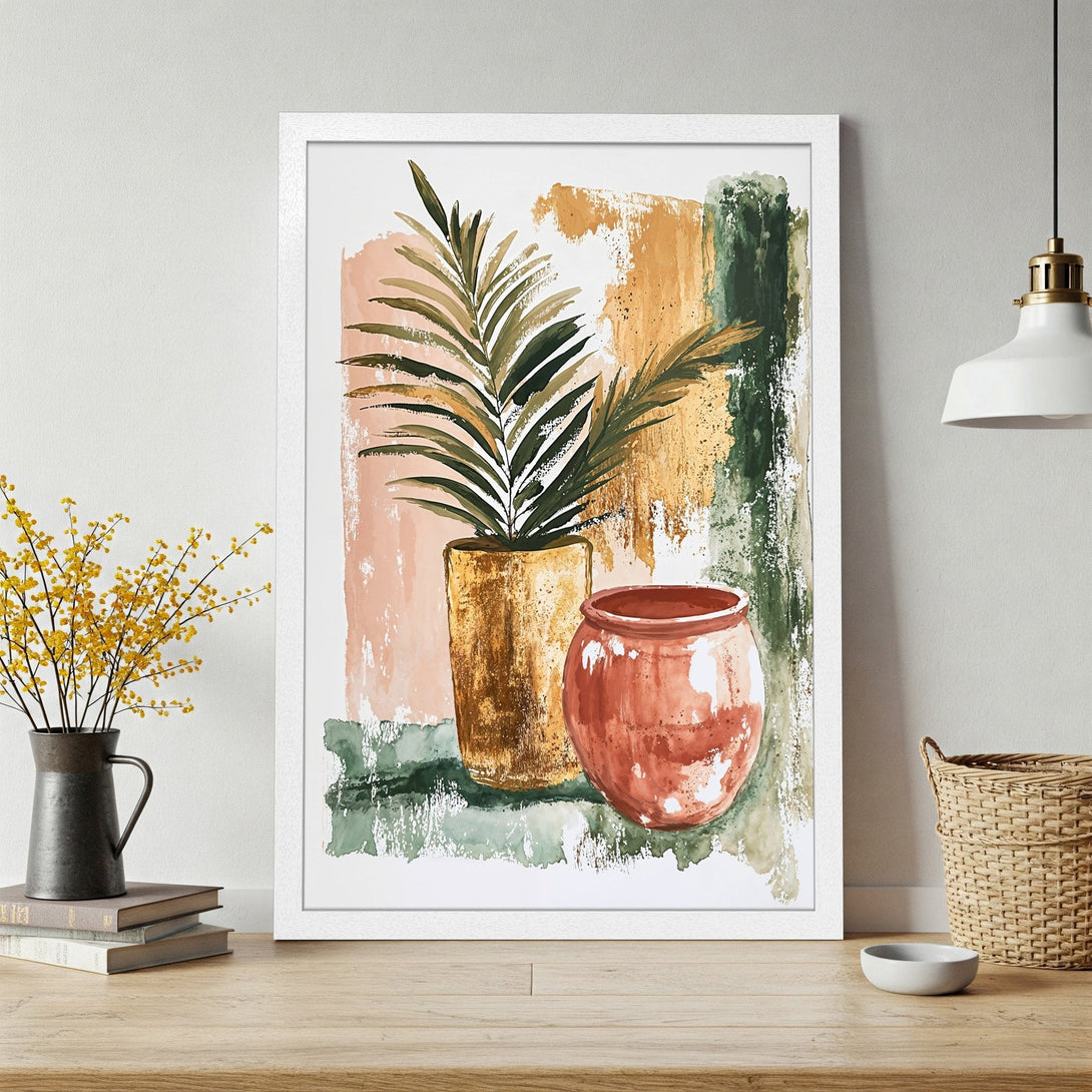 Framed Poster featuring abstract watercolor art with plants, earth tones, and a modern style. Perfect home decor.