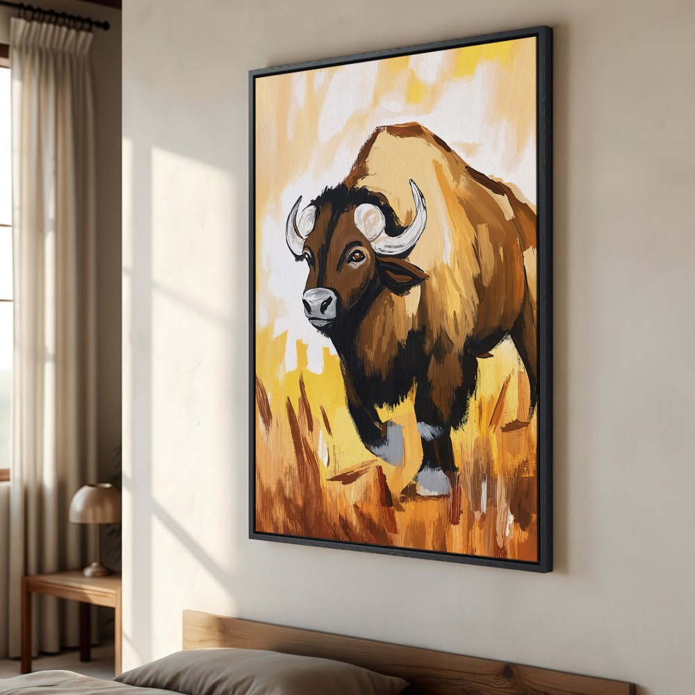 Framed Wall Art: Majestic bison painting in warm yellow and brown tones. Rustic art for your home. Canvas Print.