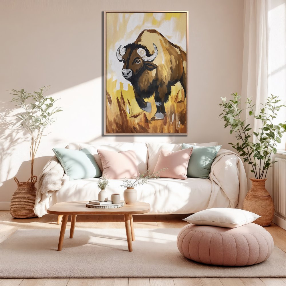Framed Wall Art: Bison painting in warm earth tones. Add rustic charm to your home with this stunning Canvas Print!