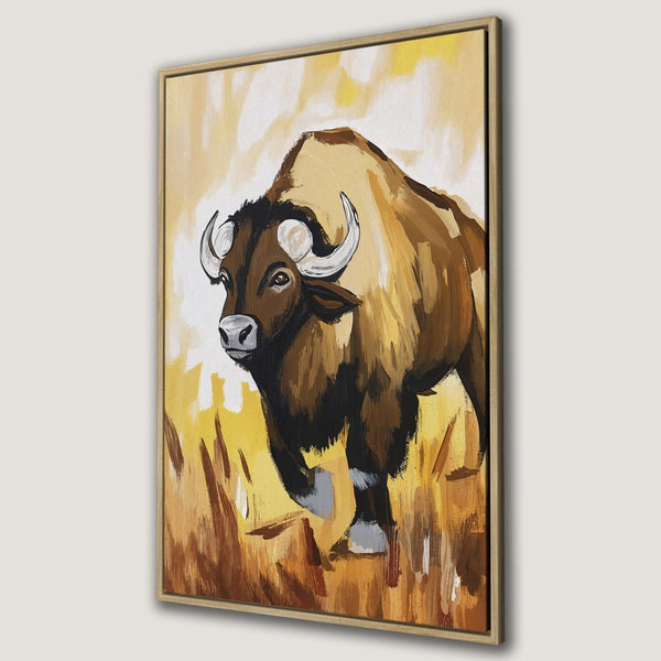 Framed Wall Art: Bison painting in warm earth tones. Add rustic charm with this canvas print, perfect for your home decor!