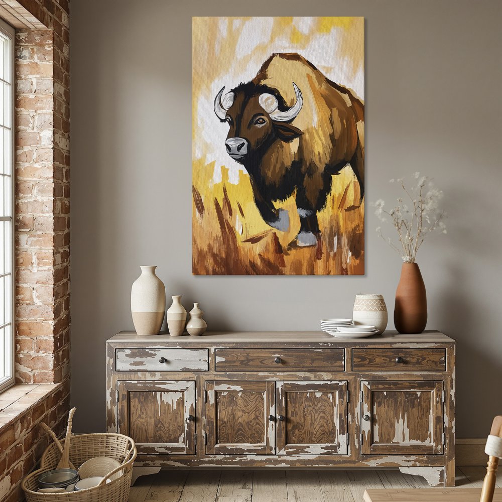 Framed Wall Art: Majestic bison painting in warm brown and yellow tones. Rustic style canvas print adds a touch of nature to your dining room decor.