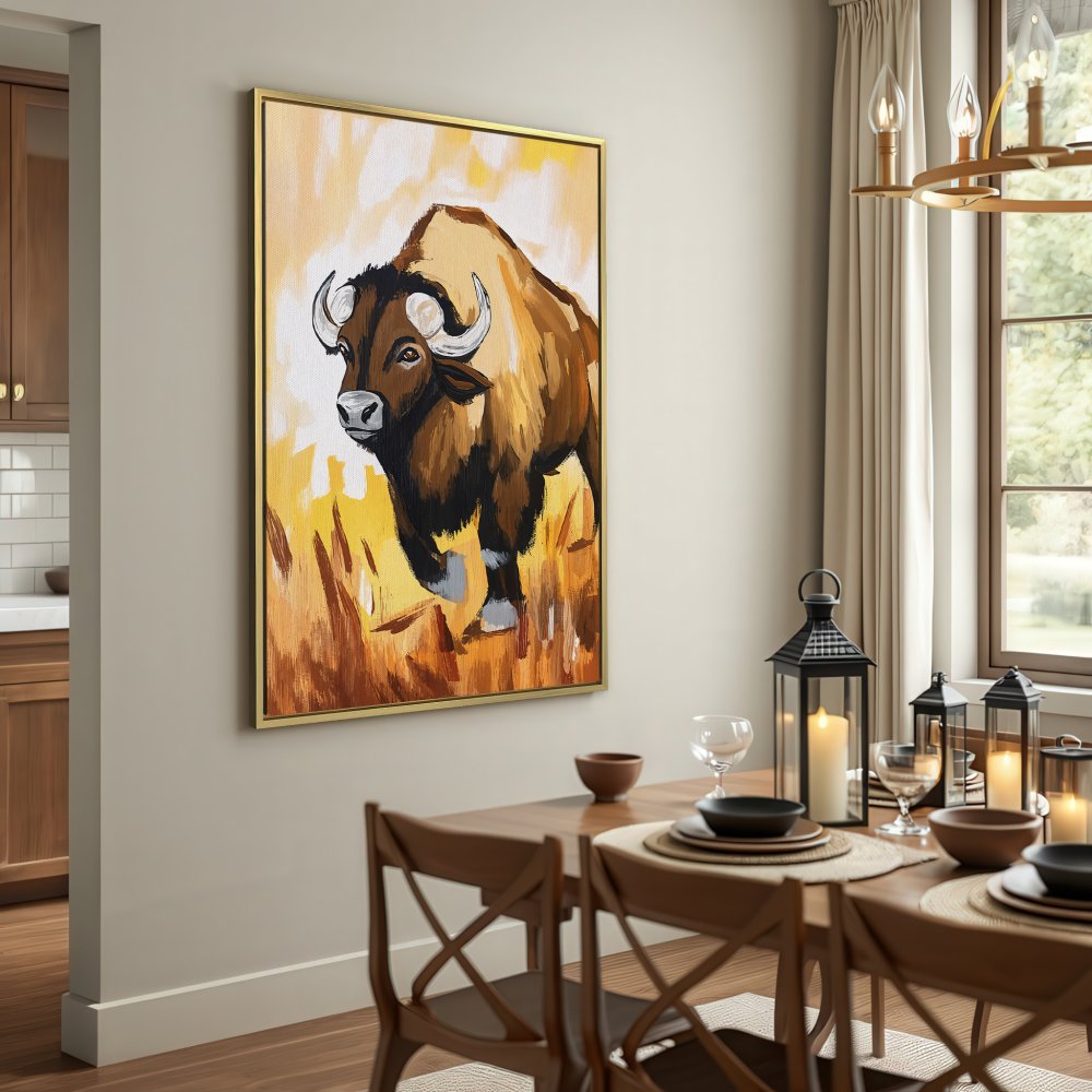 Canvas Print of a bold bison painting. Rustic style art in warm yellow and brown tones. Perfect wall decor!