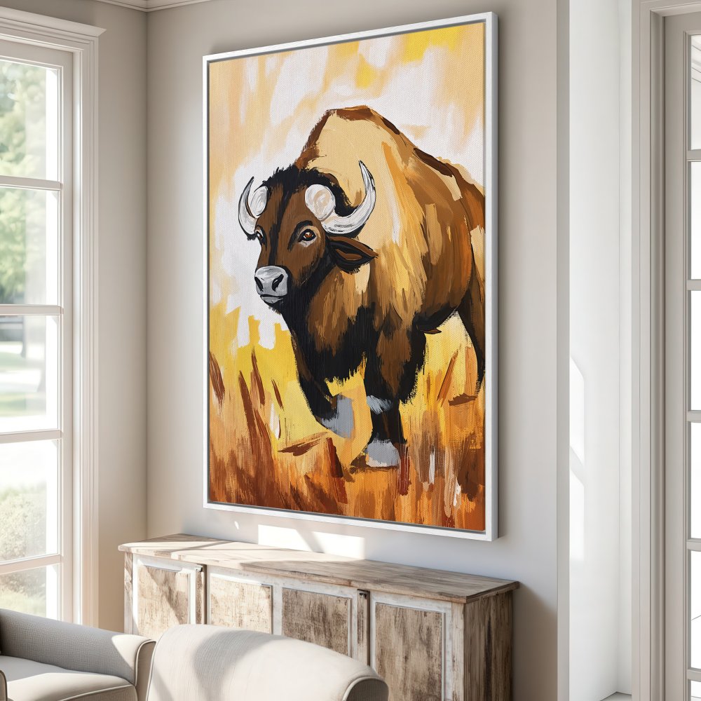 Framed Wall Art: Majestic bison painting in warm earth tones. Add a touch of nature-inspired art to your home with this stunning canvas print!