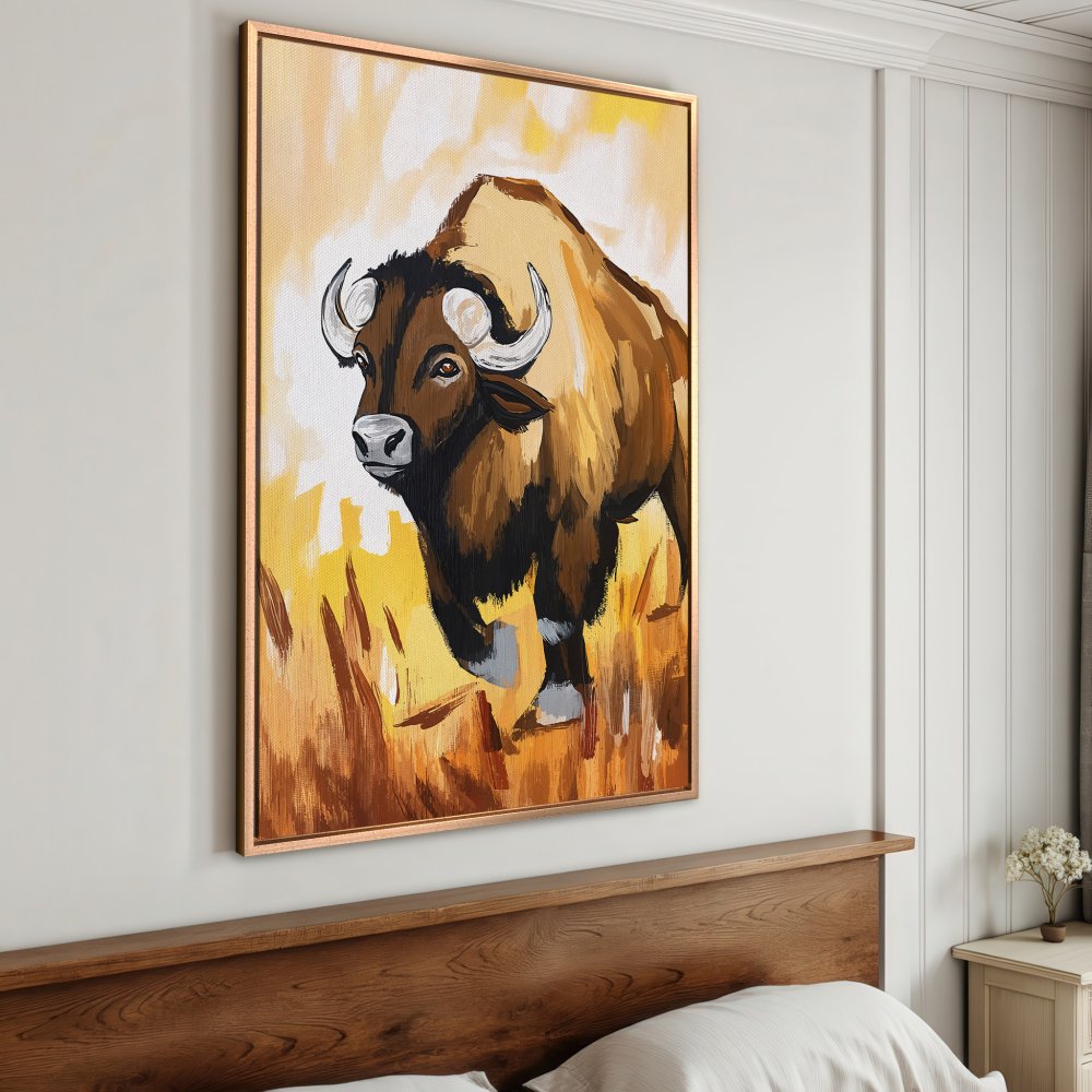 Framed Wall Art: Bison painting in warm yellow and brown tones. Rustic style canvas print adds a touch of nature and elegance to any room.