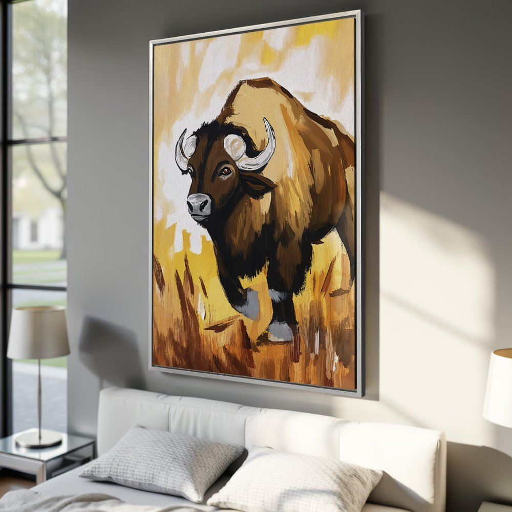 Framed Wall Art: Bold bison painting in warm brown and yellow tones. Rustic style Canvas Print adds a touch of nature to your bedroom decor.