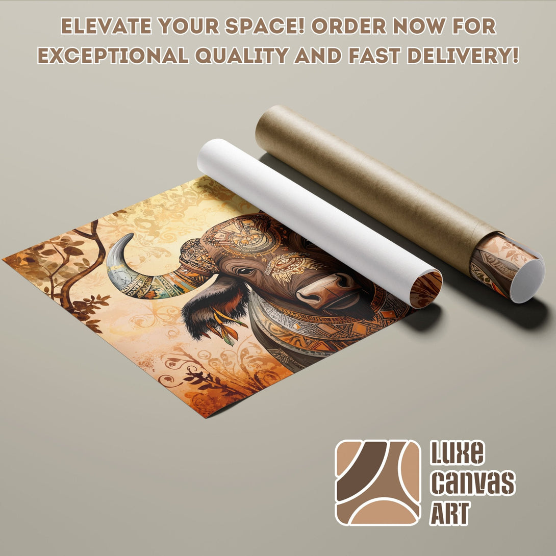 Tribal buffalo Poster Roll in warm earth tones. Elevate your space with exceptional quality art!