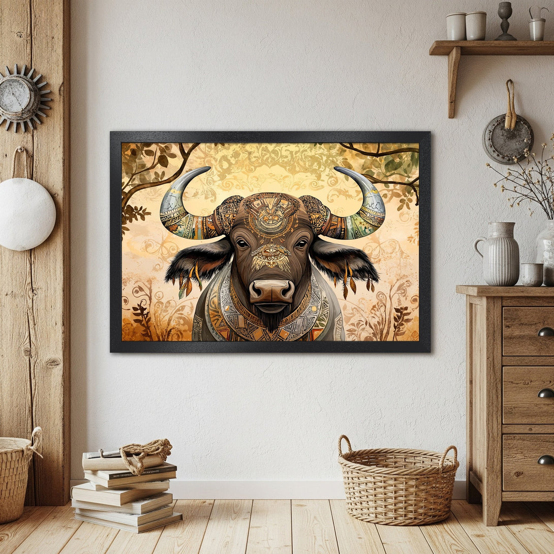 Framed Poster featuring a detailed buffalo illustration in a warm, earthy color palette. Perfect for adding a touch of nature to your home!