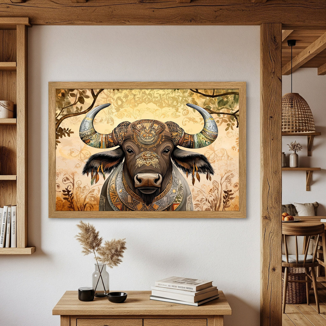 Framed Poster featuring a detailed buffalo illustration in a warm, earthy color palette. Perfect wall art for a rustic home!
