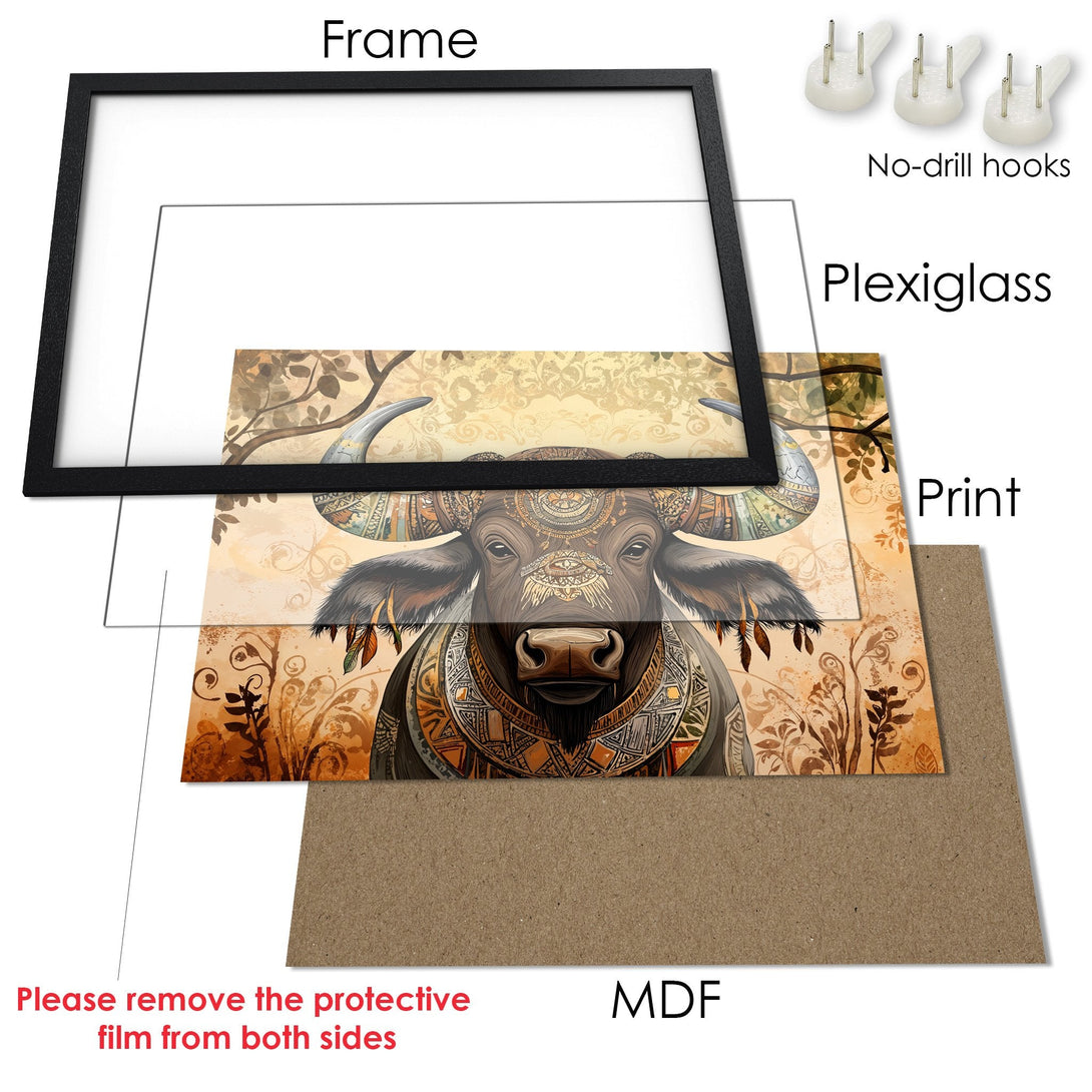 Framed Poster featuring a detailed bull illustration in warm, earthy tones, perfect for rustic decor.