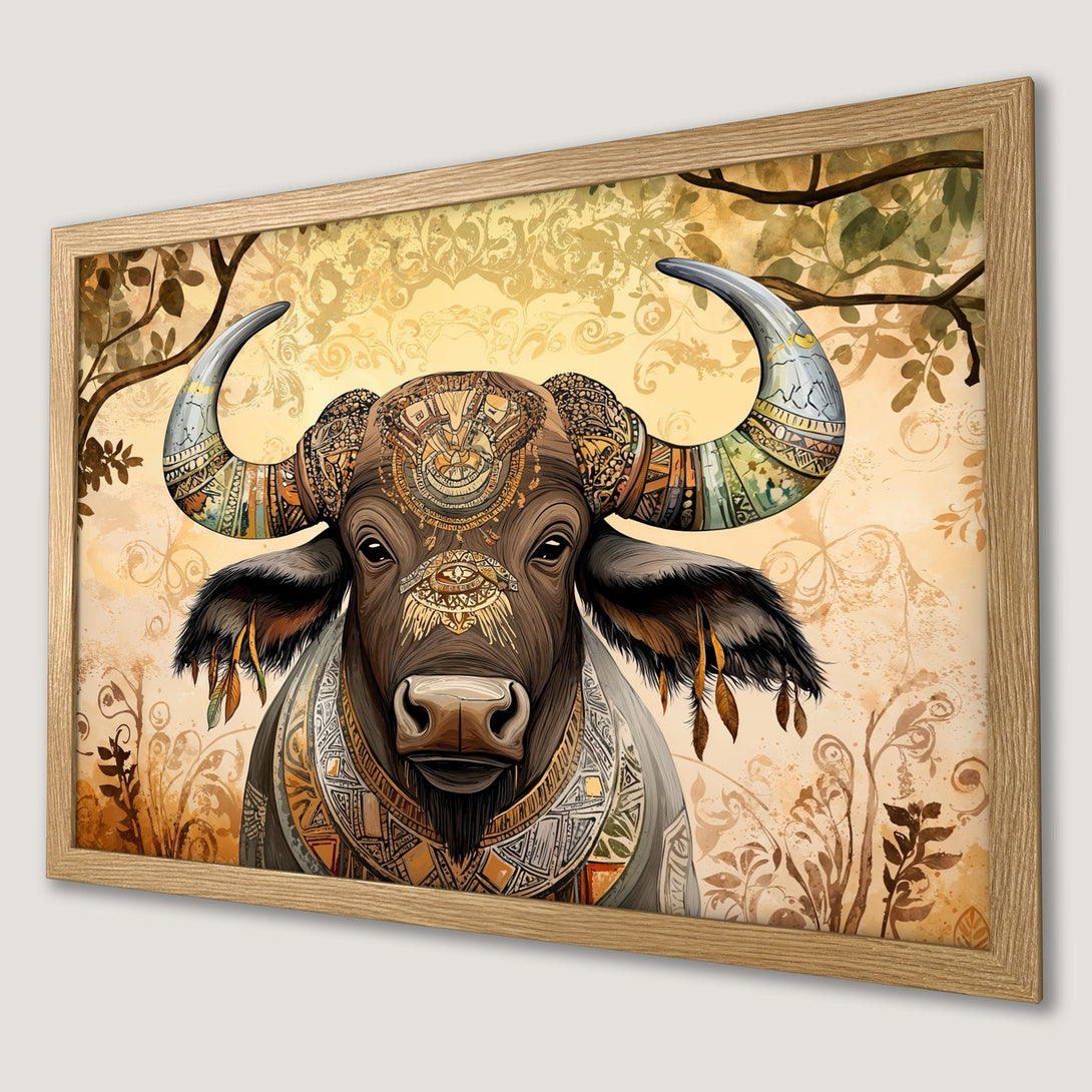 Framed Poster featuring a detailed buffalo illustration in warm earth tones. Artistic style with tribal patterns and a nature-inspired background.