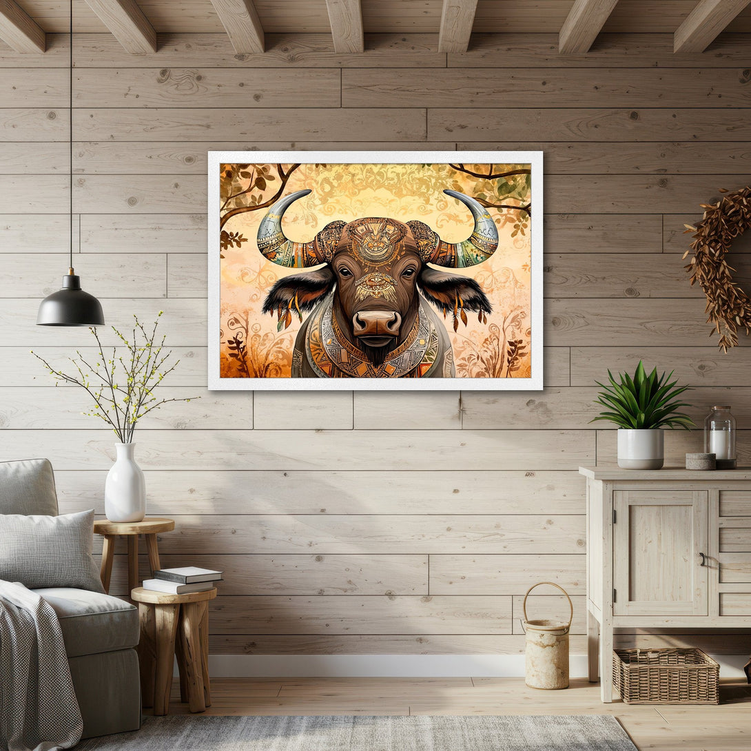 Framed Poster of a detailed buffalo illustration in warm earth tones. Unique art for your home!