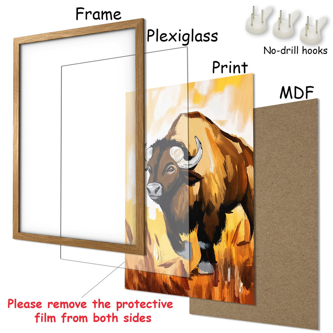 Framed Poster featuring a bison painting in warm tones. Rustic style art print ready to hang. Decorate your space with this beautiful Poster!