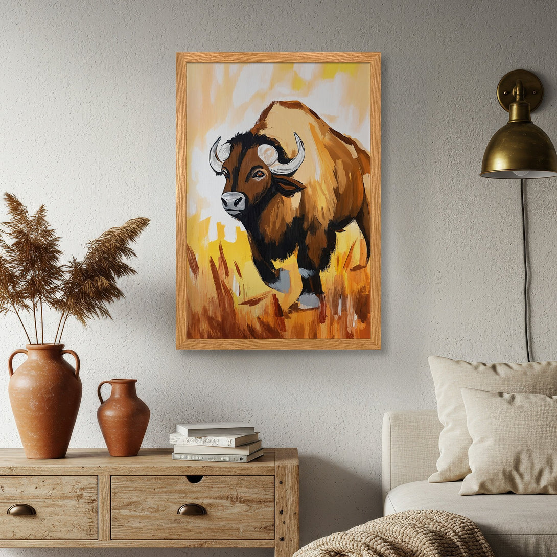 Framed Poster featuring a bison in a warm, rustic style with a brown and yellow color palette. Perfect wall art!