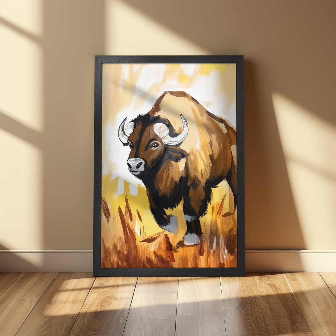 Framed Poster featuring a bison painting in warm brown and yellow tones, perfect for rustic home decor.