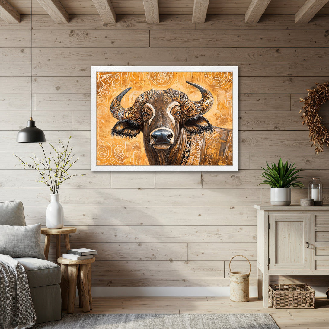 Framed Poster featuring a detailed buffalo illustration in warm earth tones. Perfect art for your home!