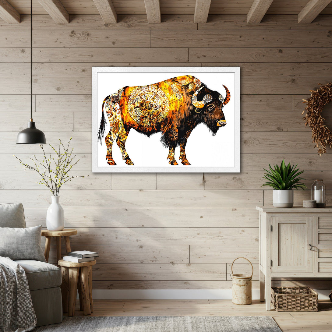 Framed Poster featuring a detailed bison illustration in warm orange and brown tones, perfect for rustic decor.