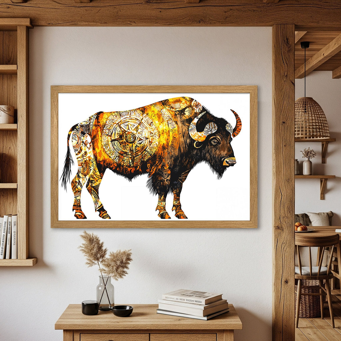 Framed Poster of a bison with intricate details in warm orange and black hues. Perfect for rustic decor!