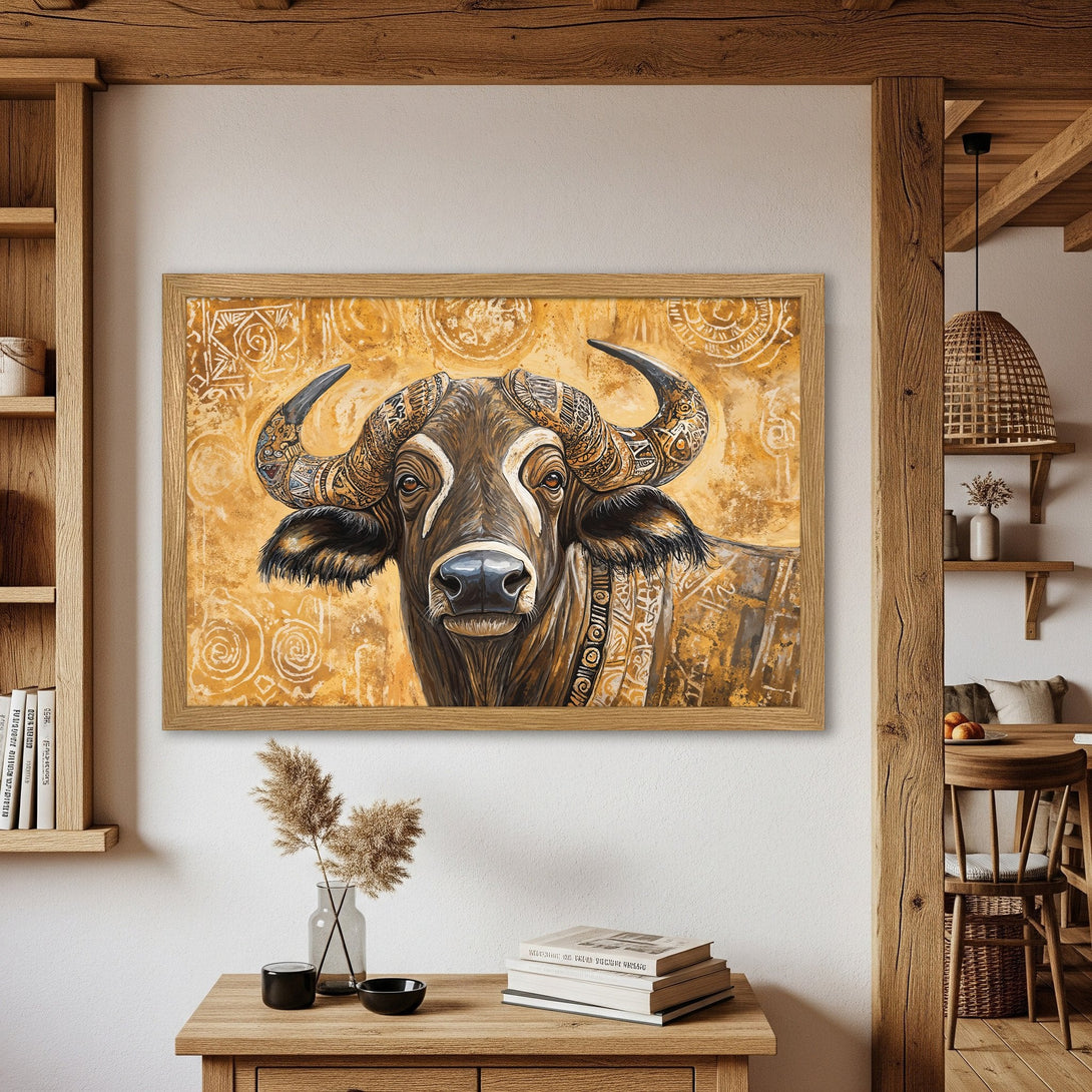 Framed Poster featuring a majestic buffalo in warm, earthy tones. Rustic art style with a golden yellow and brown color palette. Add a touch of nature to your space!