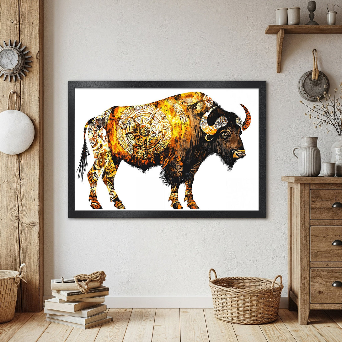 Framed Poster featuring a detailed bison illustration in warm orange, yellow, and black tones. Perfect wall art for a rustic or bohemian decor.