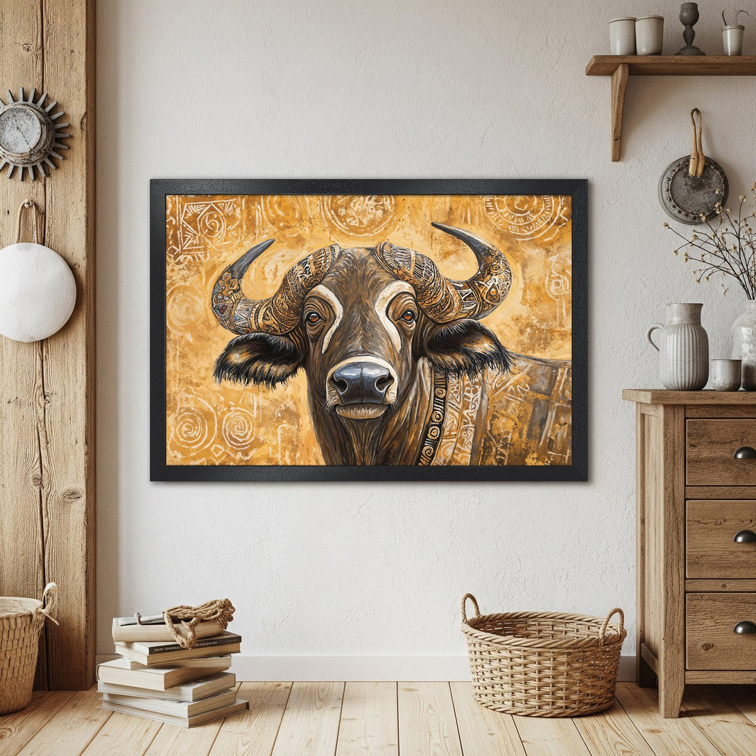 Framed Poster featuring a buffalo painting in warm tones. Rustic style art with a gold and brown color palette.