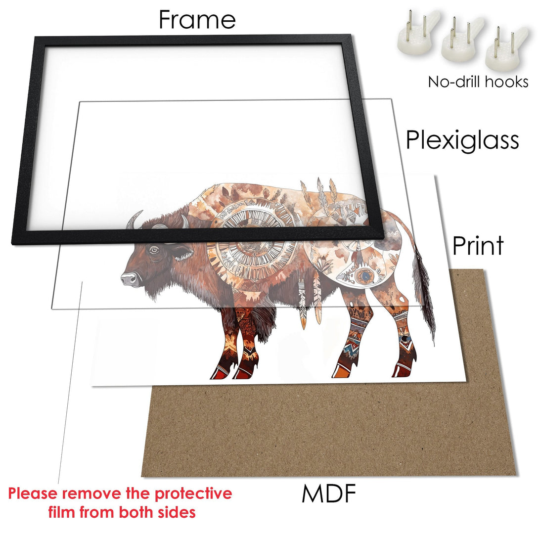 Framed Poster featuring a watercolor bison illustration in warm earth tones. Stylish art for your home!