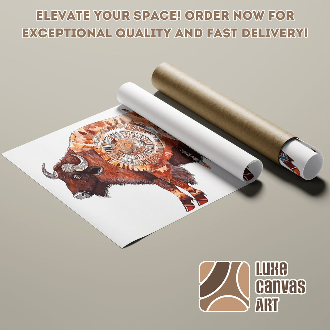 Poster Roll featuring a bison illustration, watercolor style, warm brown and orange tones.