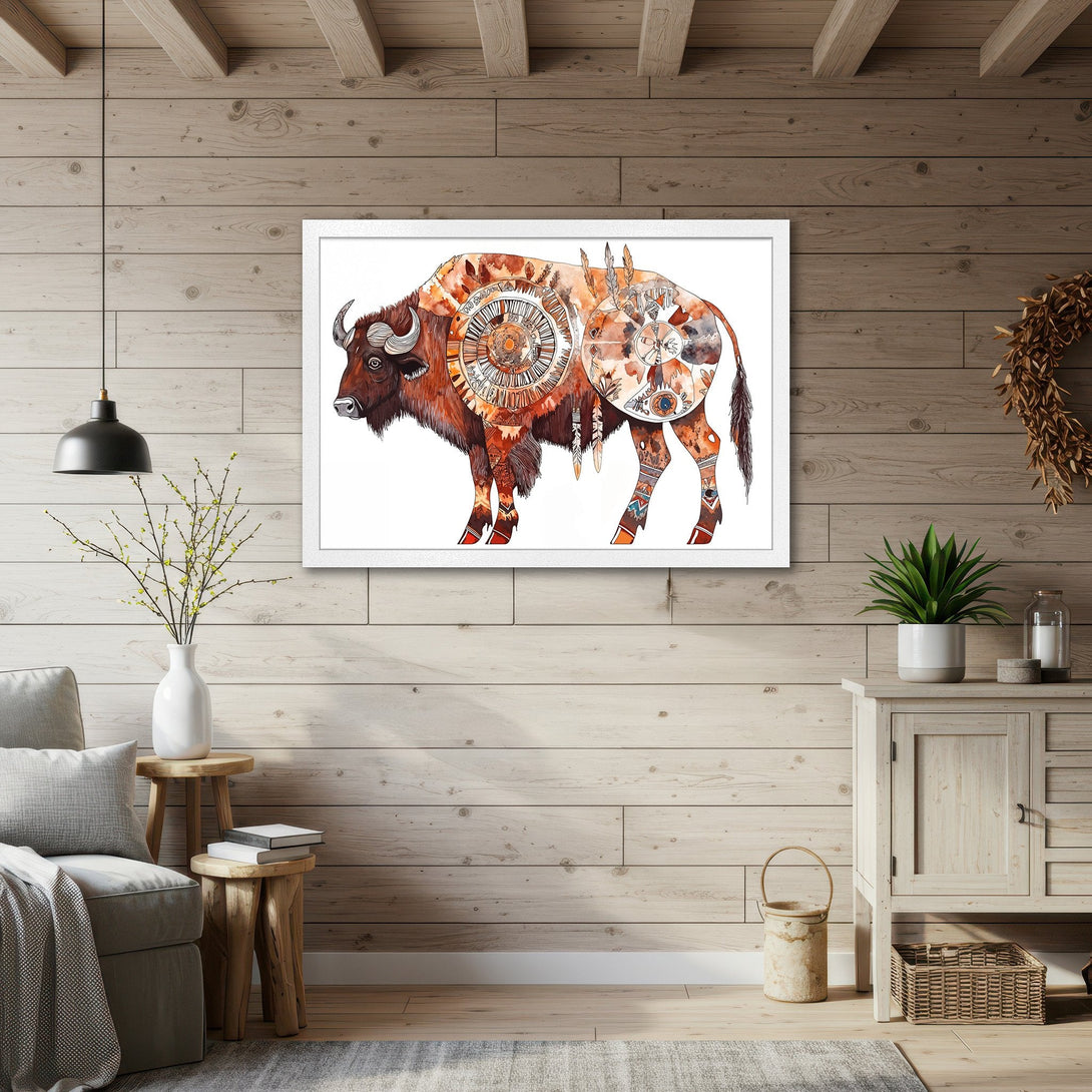 Framed Poster of a watercolor bison in warm earth tones. Boho style art print perfect for rustic home decor. Shop now!