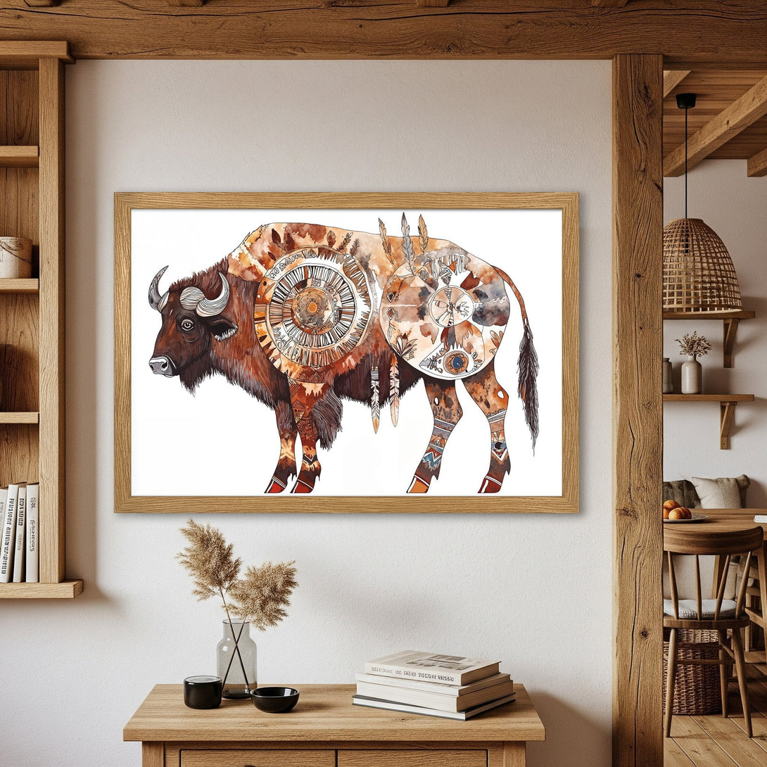 Framed Poster featuring a watercolor bison with tribal patterns. Earthy tones of brown, orange, and beige. Perfect for rustic decor.