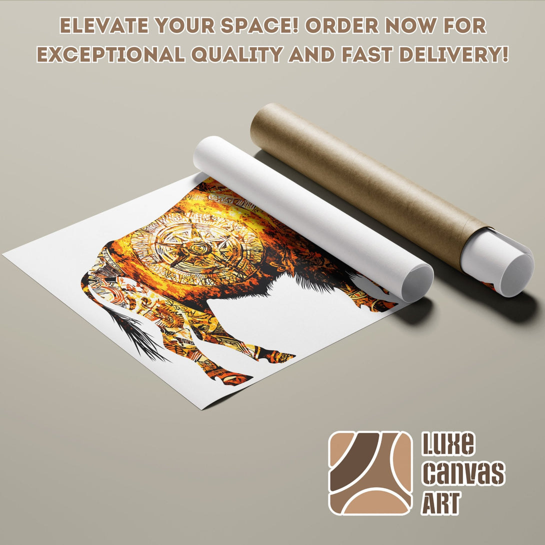 Poster Roll featuring a detailed bison illustration in warm orange and brown tones. Elevate your space!